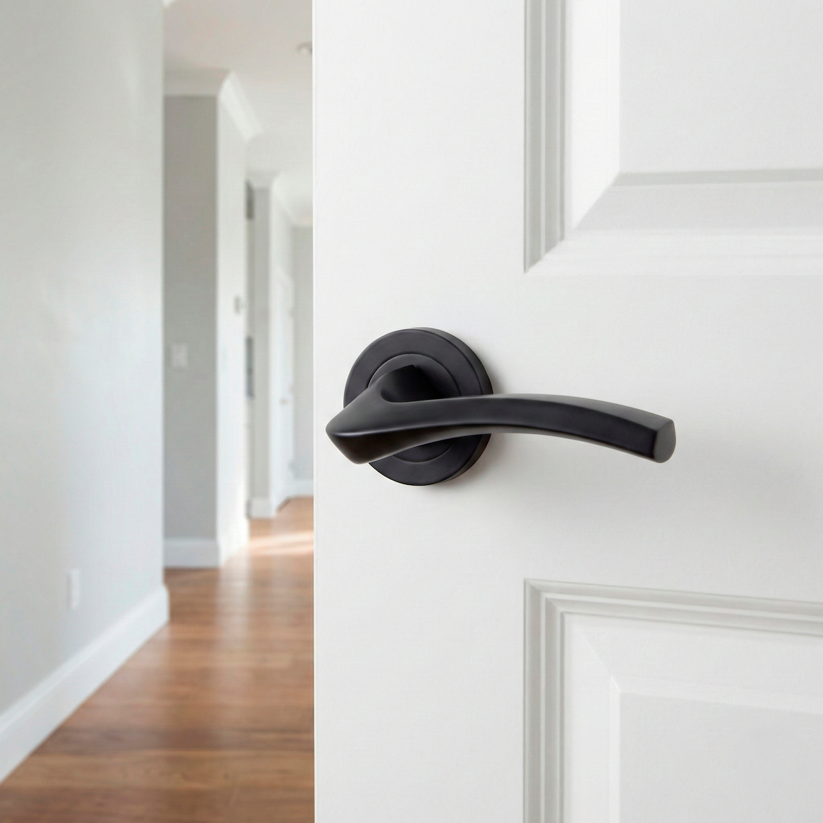 Model 1027 aluminum handle with round rose in black finish for doors