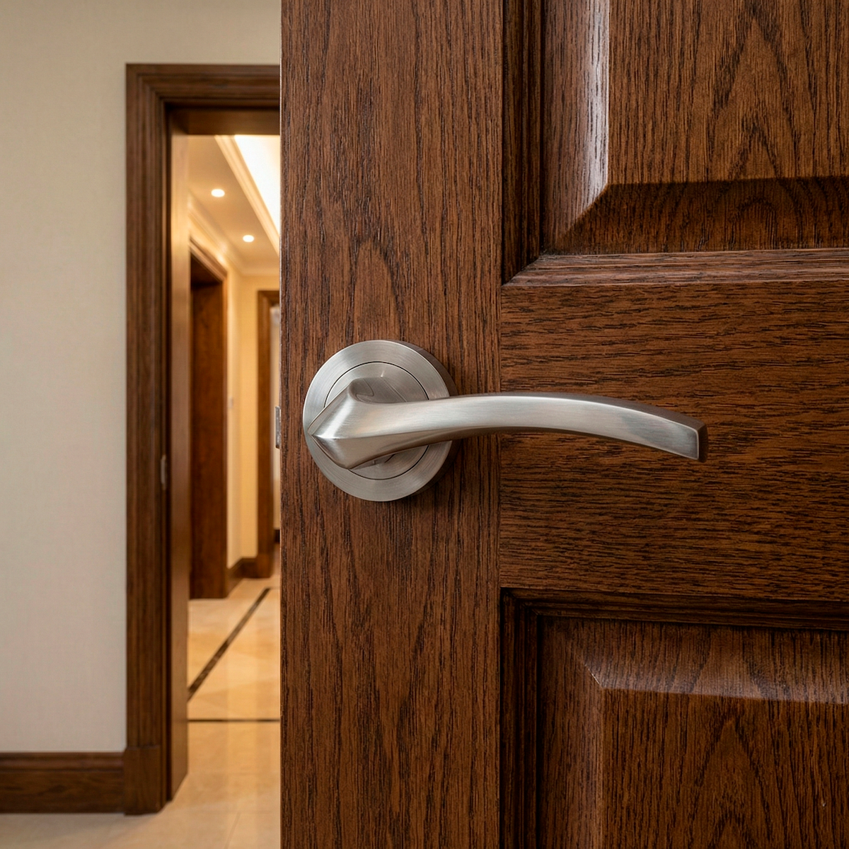 Tique door handle with round aluminum rosette