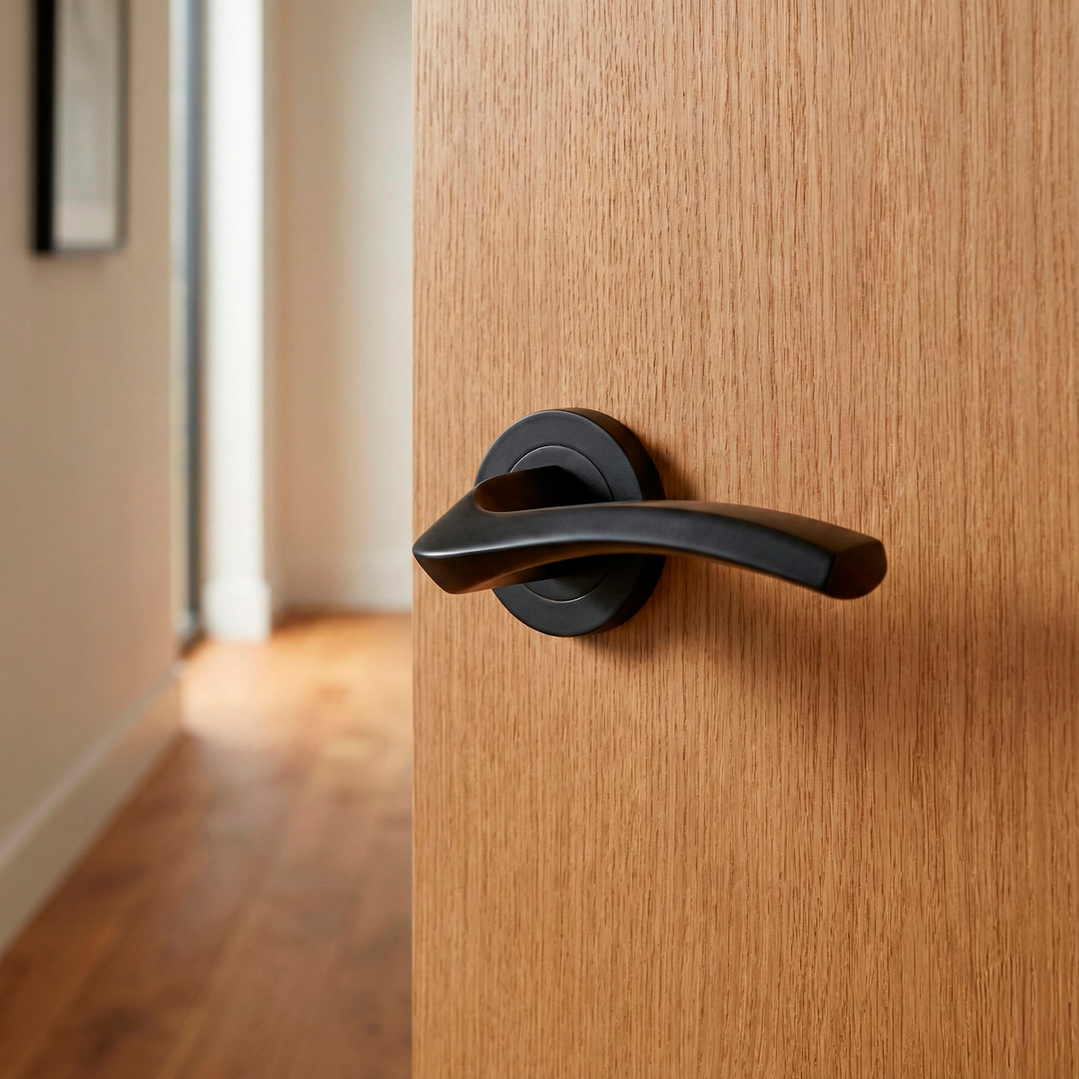 Model 1027 aluminum handle with round rose in black finish for doors