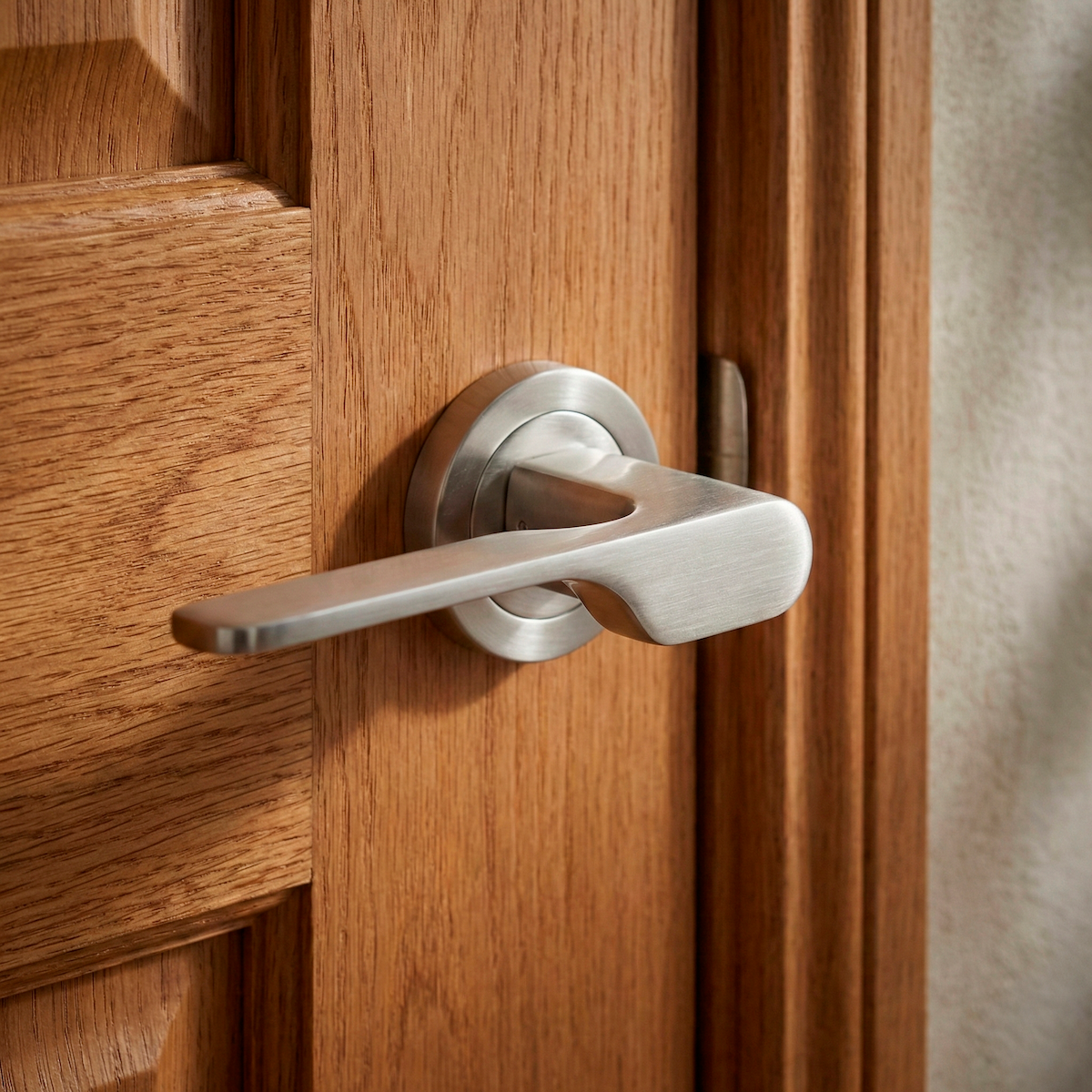 Elegant '640' Aura model zamak door handle with round rose in satin nickel finish