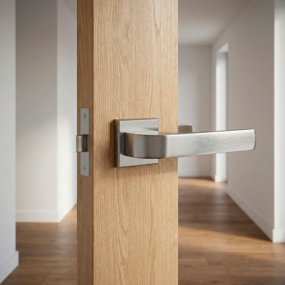 Zamak handle model 710 with square rosette in satin nickel finish for doors