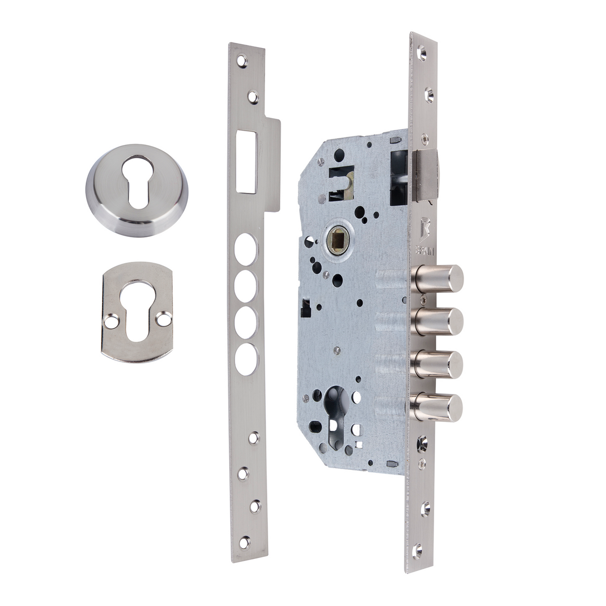 Serrure de sécurité de 50mm à têtière plate avec 4 pênes ronds en acier finition nickel satiné