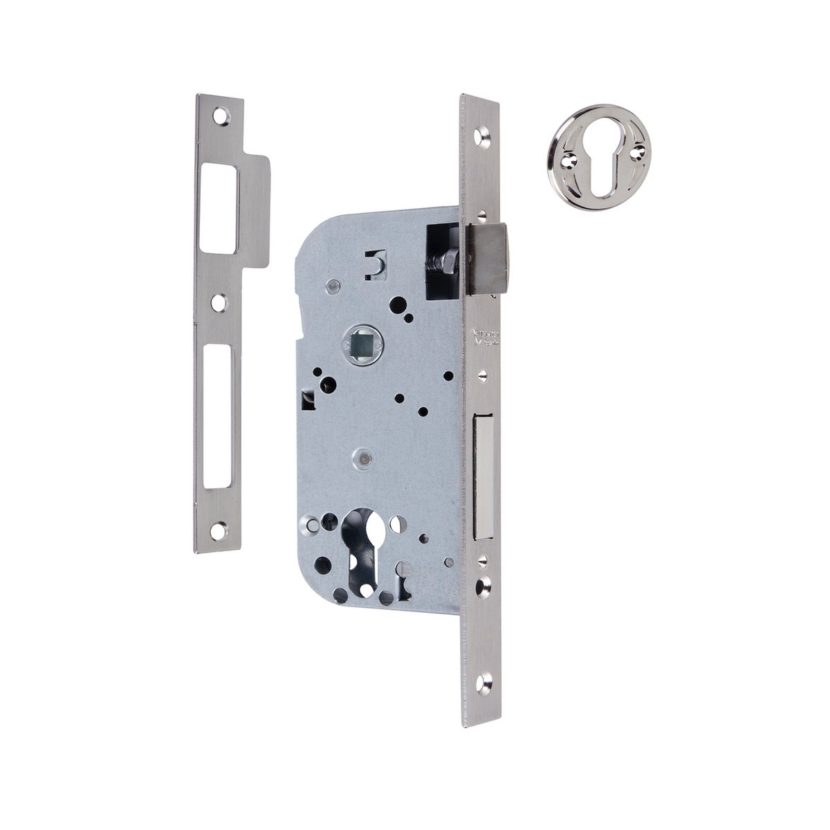 Einsteckschloss 70 mm Achsabstand und 50 mm Dornmaß, gerader Stulp, satiniertes Nickel