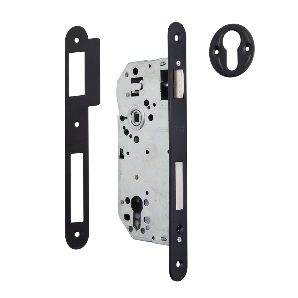 50mm mortise lock for European cylinder, round edge faceplate, 85mm center-to-center distance, black finish