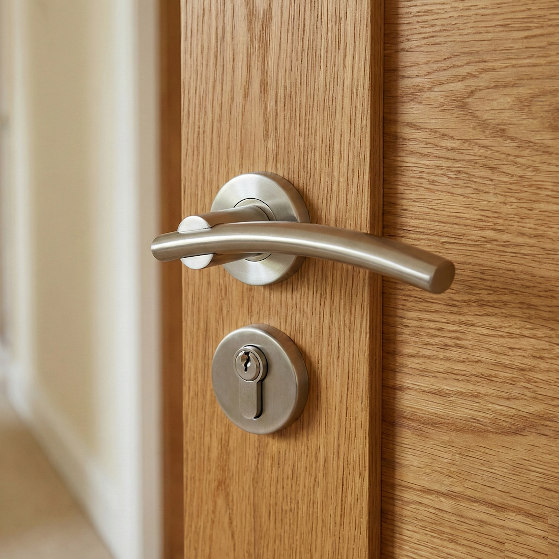 '2035' model curved stainless steel door handle with round rose