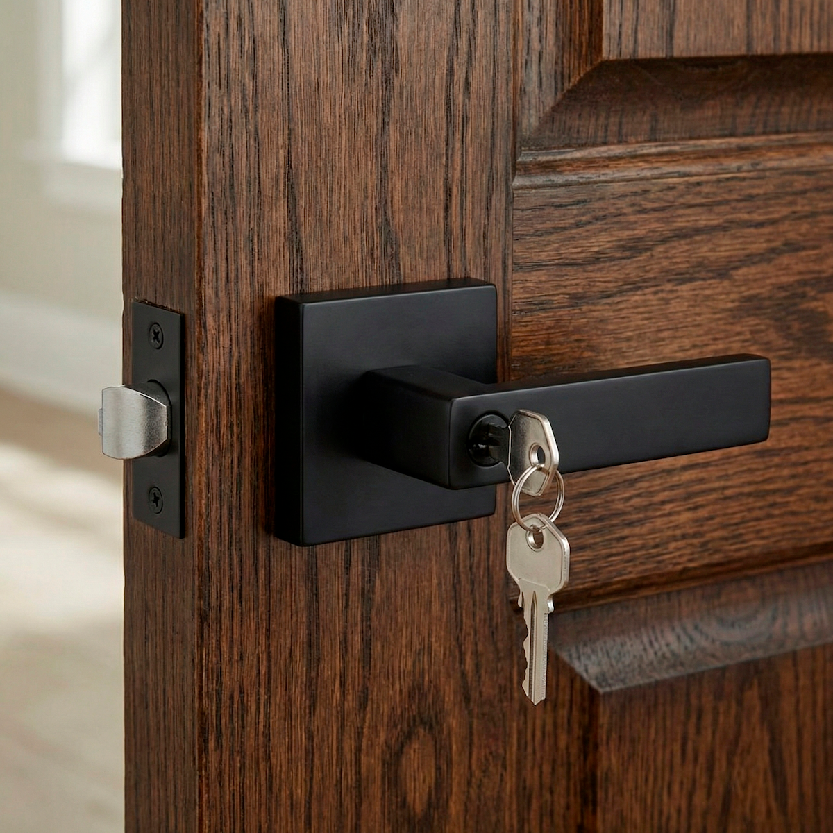 Black Leon door handle with lock and square rosette for entry doors