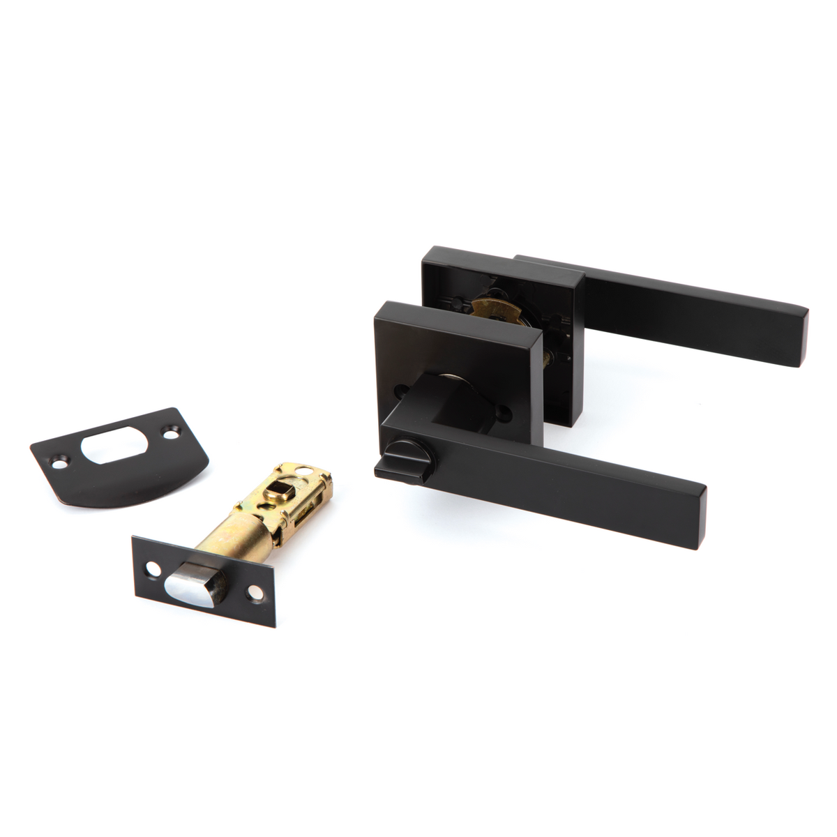 Black Leon door handle with lock and square rosette for entry doors