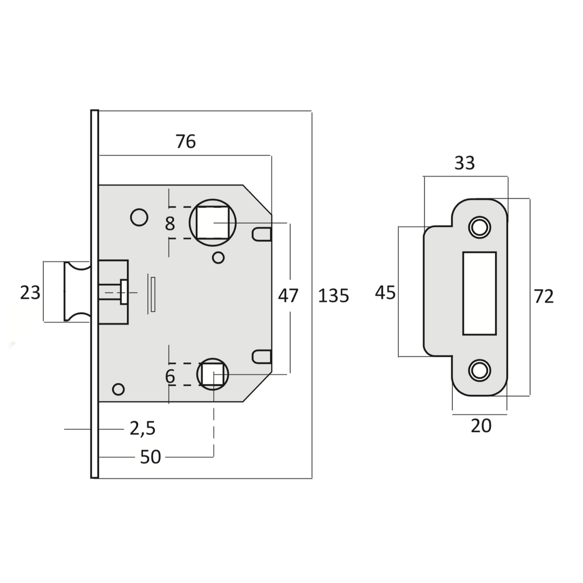 Picaporte unificado reversible entrada 47mm acabado negro canto redondo