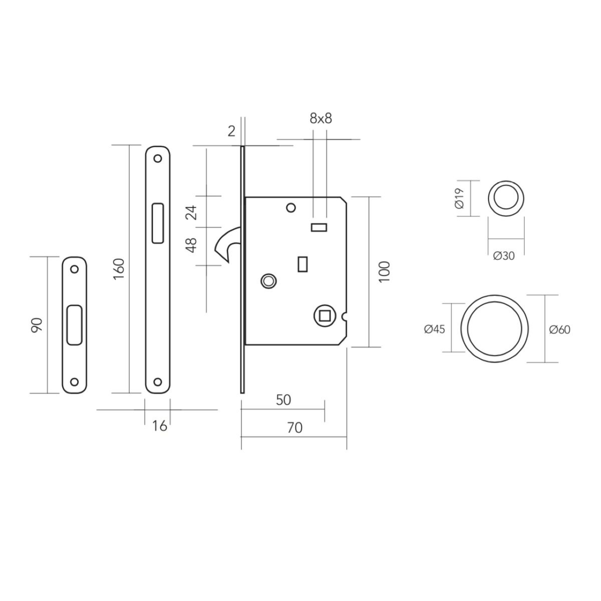 Kit pour porte coulissante en finition nickel satiné avec 2 clés à gorges incluses