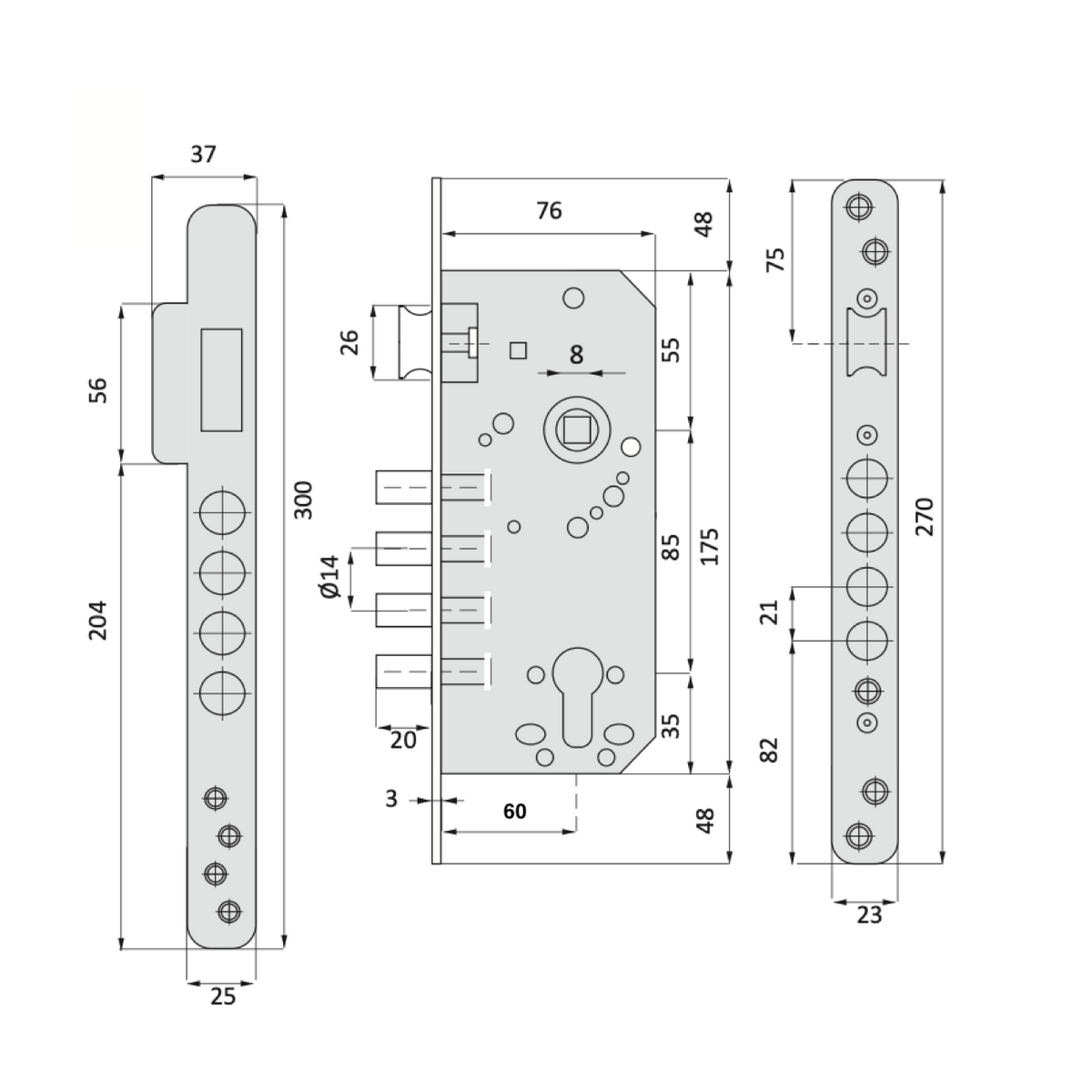 Cerradura de seguridad de 60mm canto redondo con 4 bulones de acero acabado negro