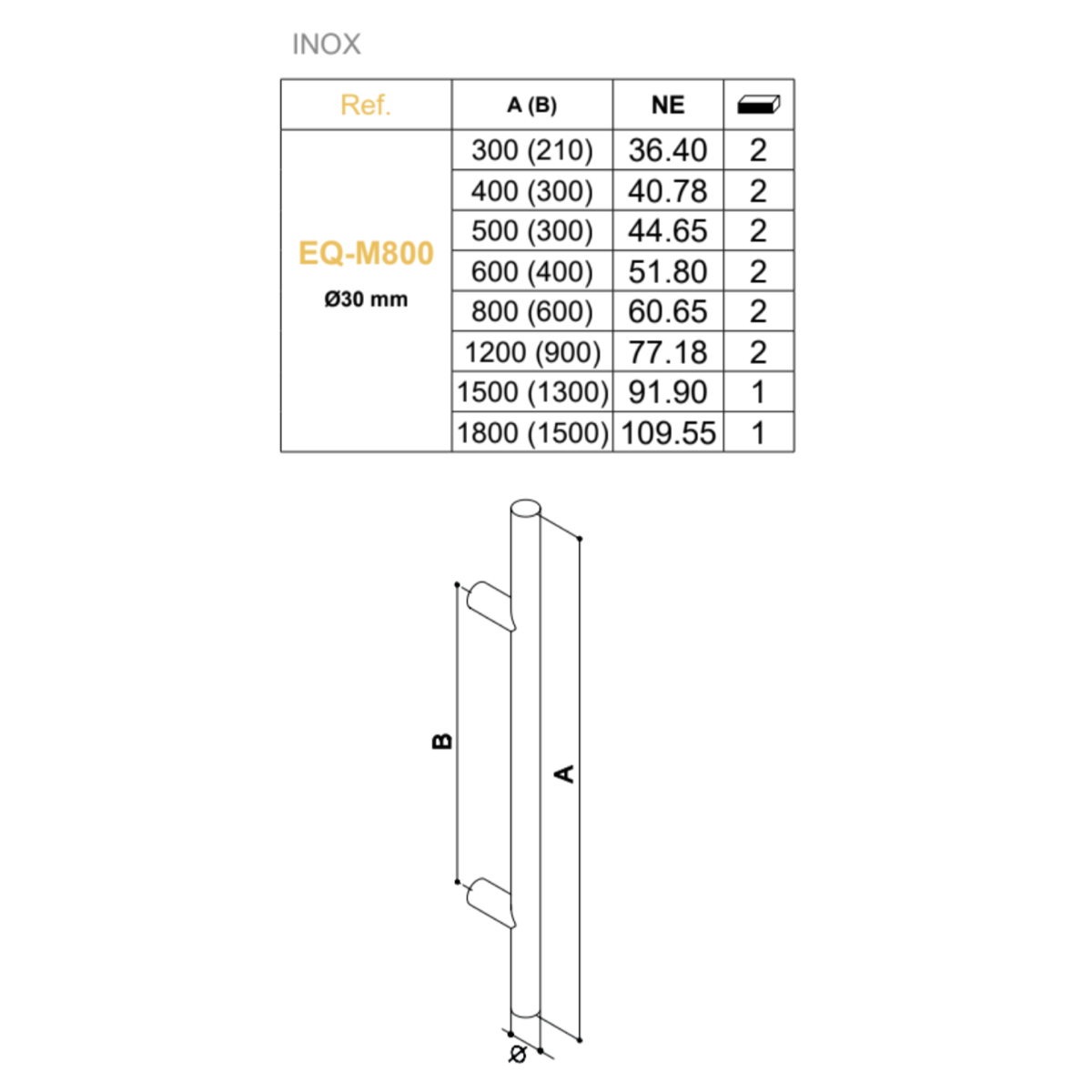 Béquille tubulaire Ø30mm entraxe 800mm hauteur 1000mm inox noir sans rosace pour portes d'entrée