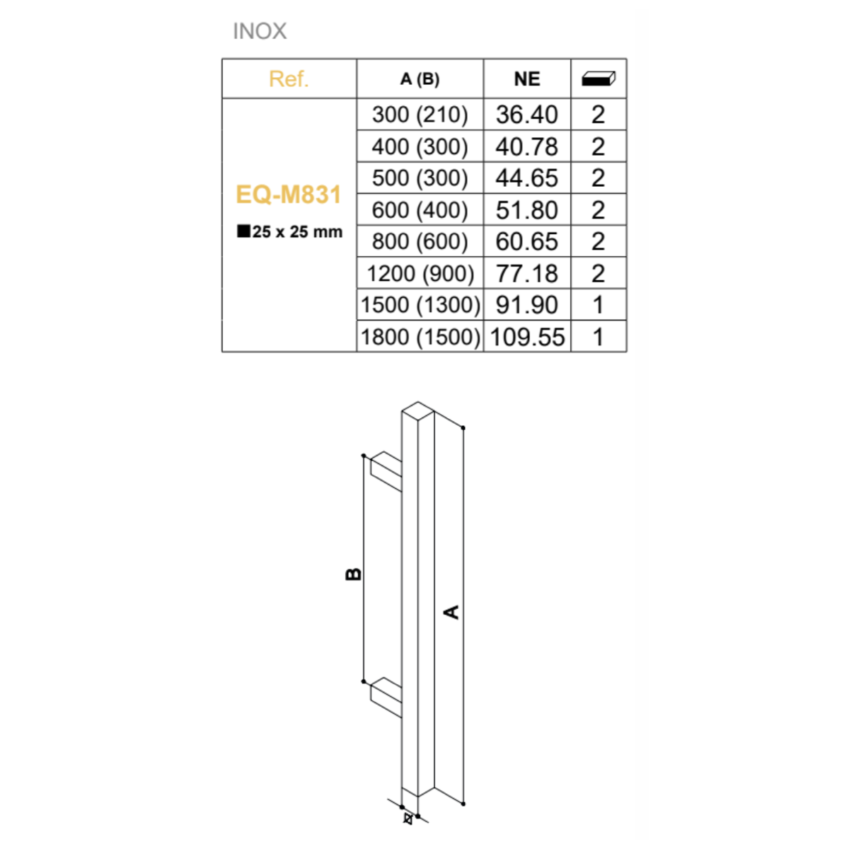 32x32mm square pull handle, 600mm center-to-center, 800mm height, black stainless steel, without rose, for entrance doors