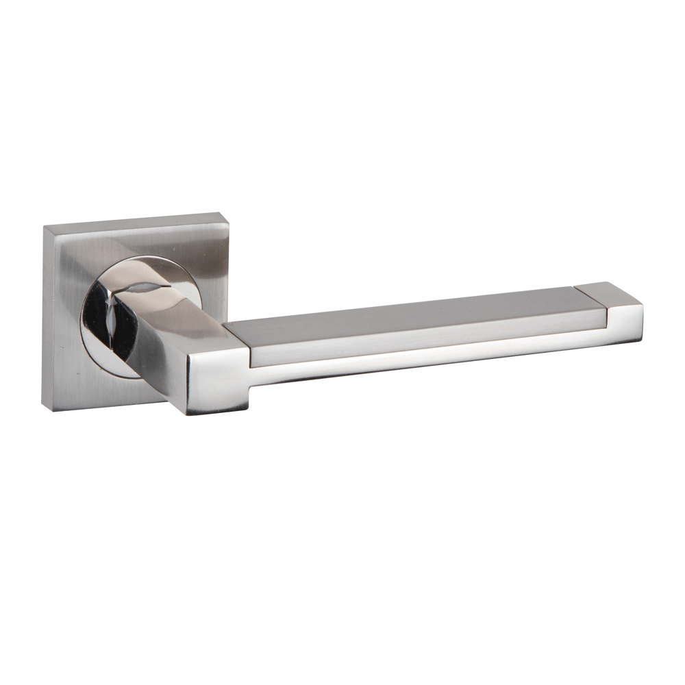 Zamak handle model 610 with square rosette in a combined nickel finish for doors
