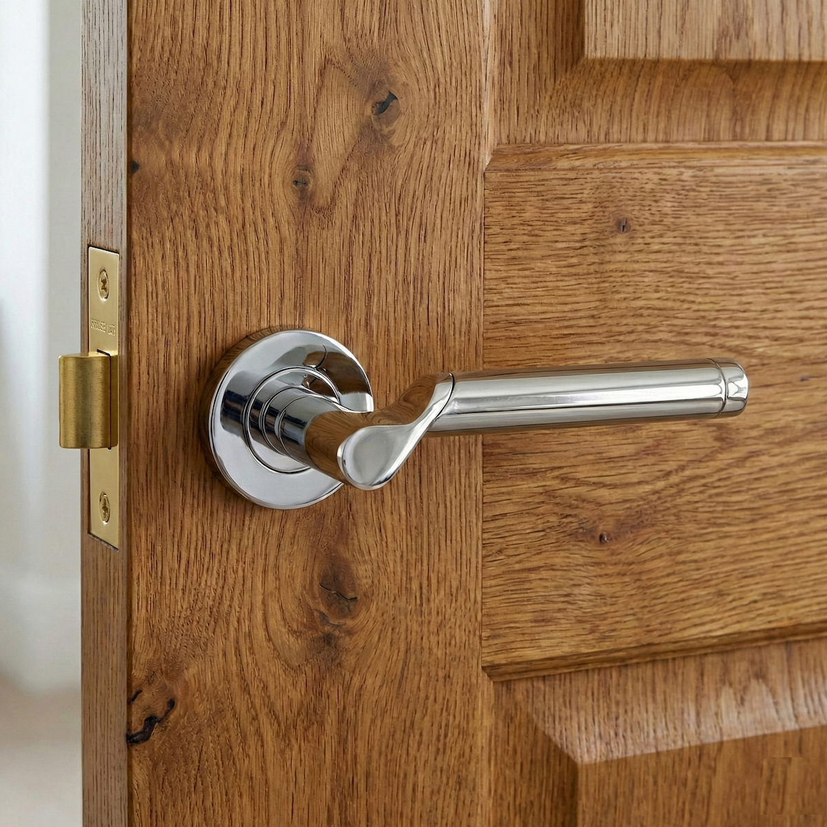 Senelli door handle with round zamak rosette in combined nickel finish