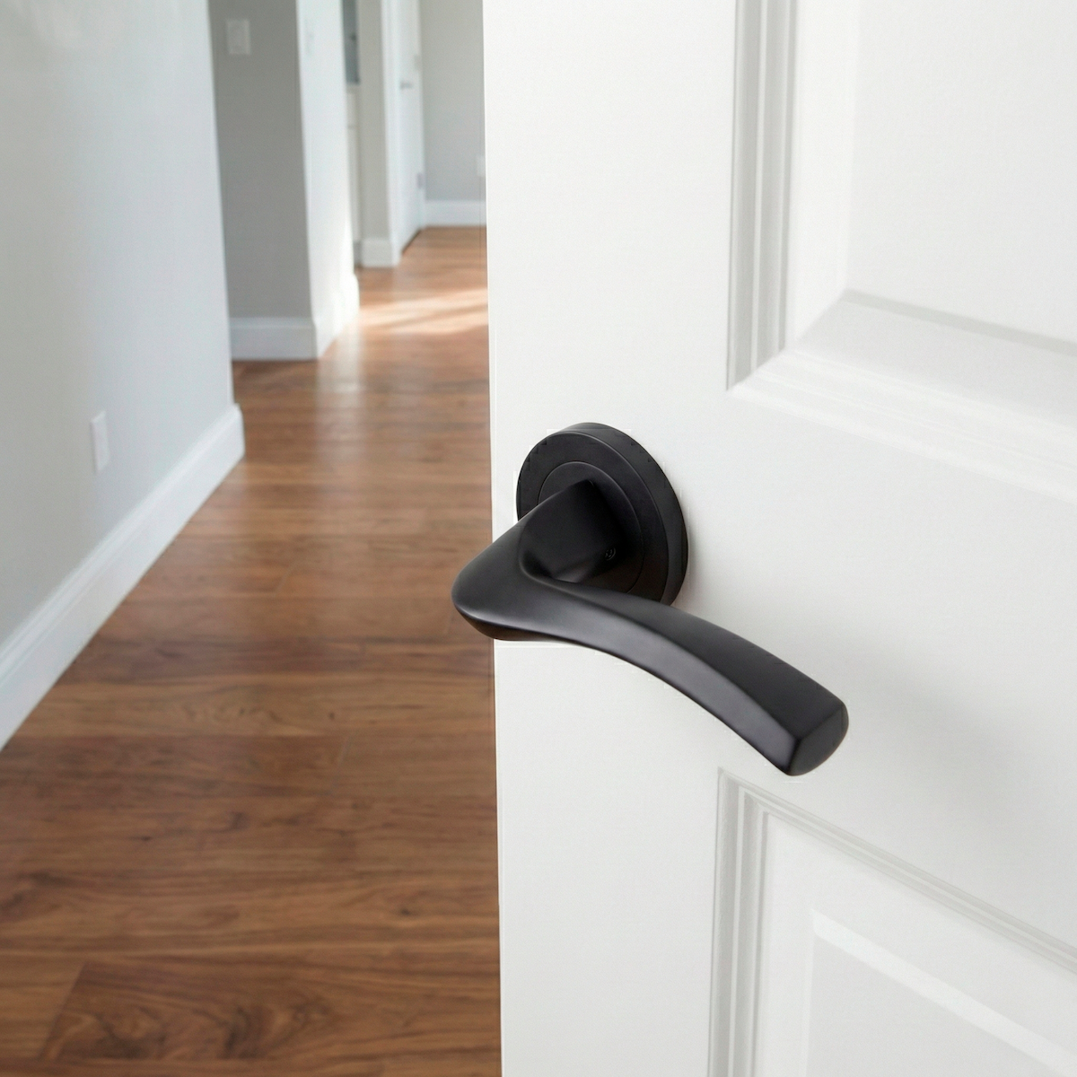 Model 1027 aluminum handle with round rose in black finish for doors