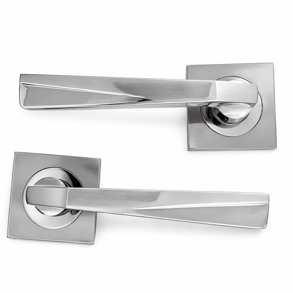 '208' zamak door handles with square rose in satin nickel finish
