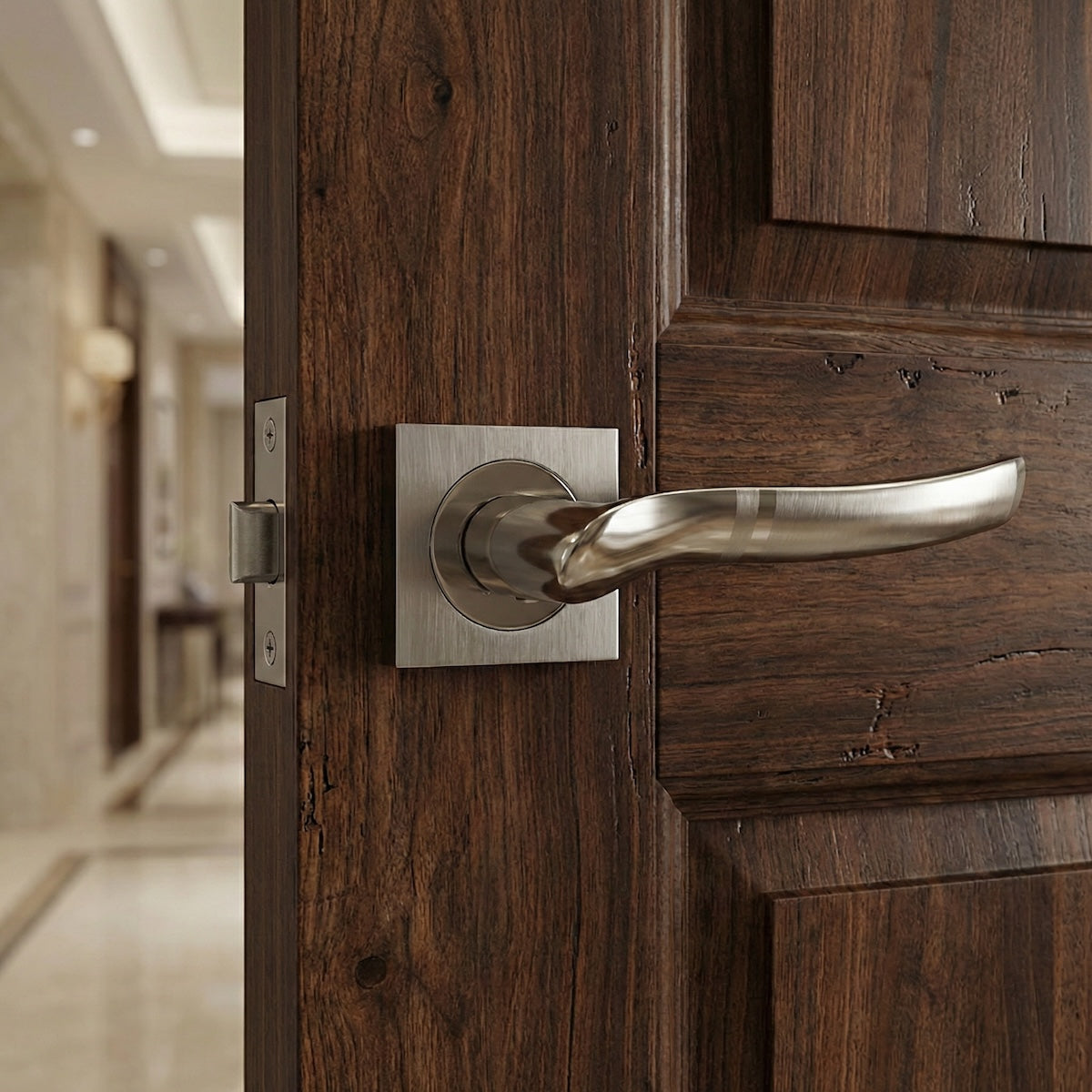 Poignée de porte '230' en ZAMAK avec rosace carrée en finition nickel combiné