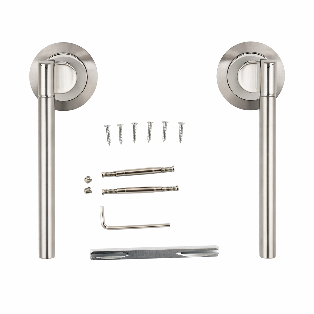 Poignée modèle « 240A » avec rosace ronde finition nickel combinée pour portes