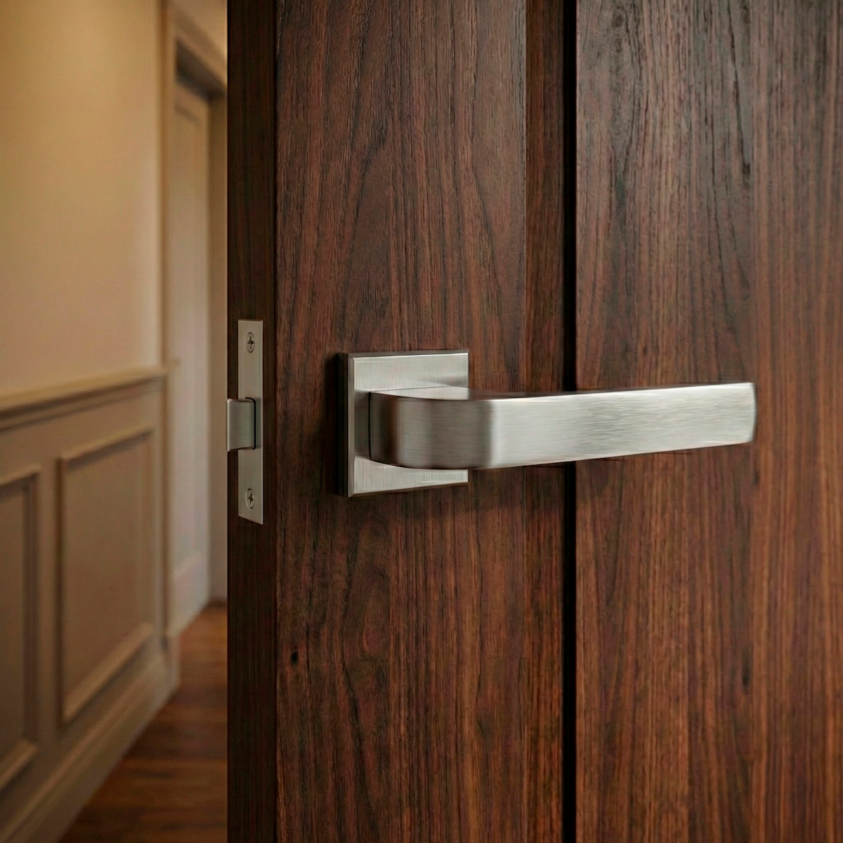 Zamak handle model 710 with square rosette in satin nickel finish for doors