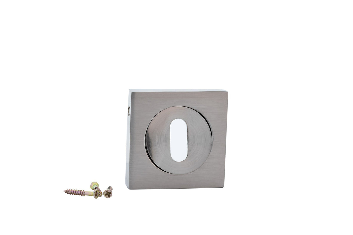 Square-round rosette escutcheon with oval keyhole in satin nickel finish for doors