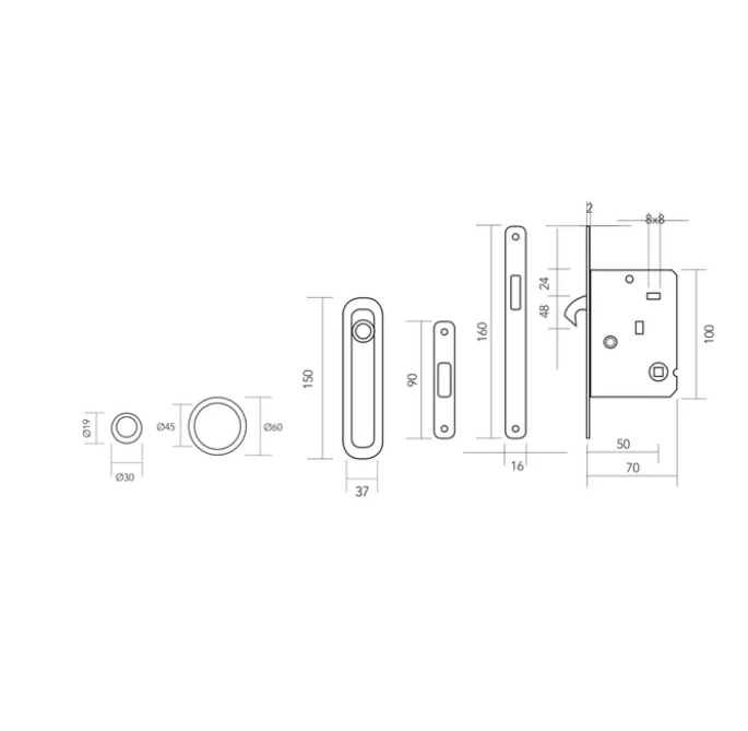 Kit para puerta corredera con muletilla y uñeros redondos en grafito frente de 20 mm y entrada 50 mm