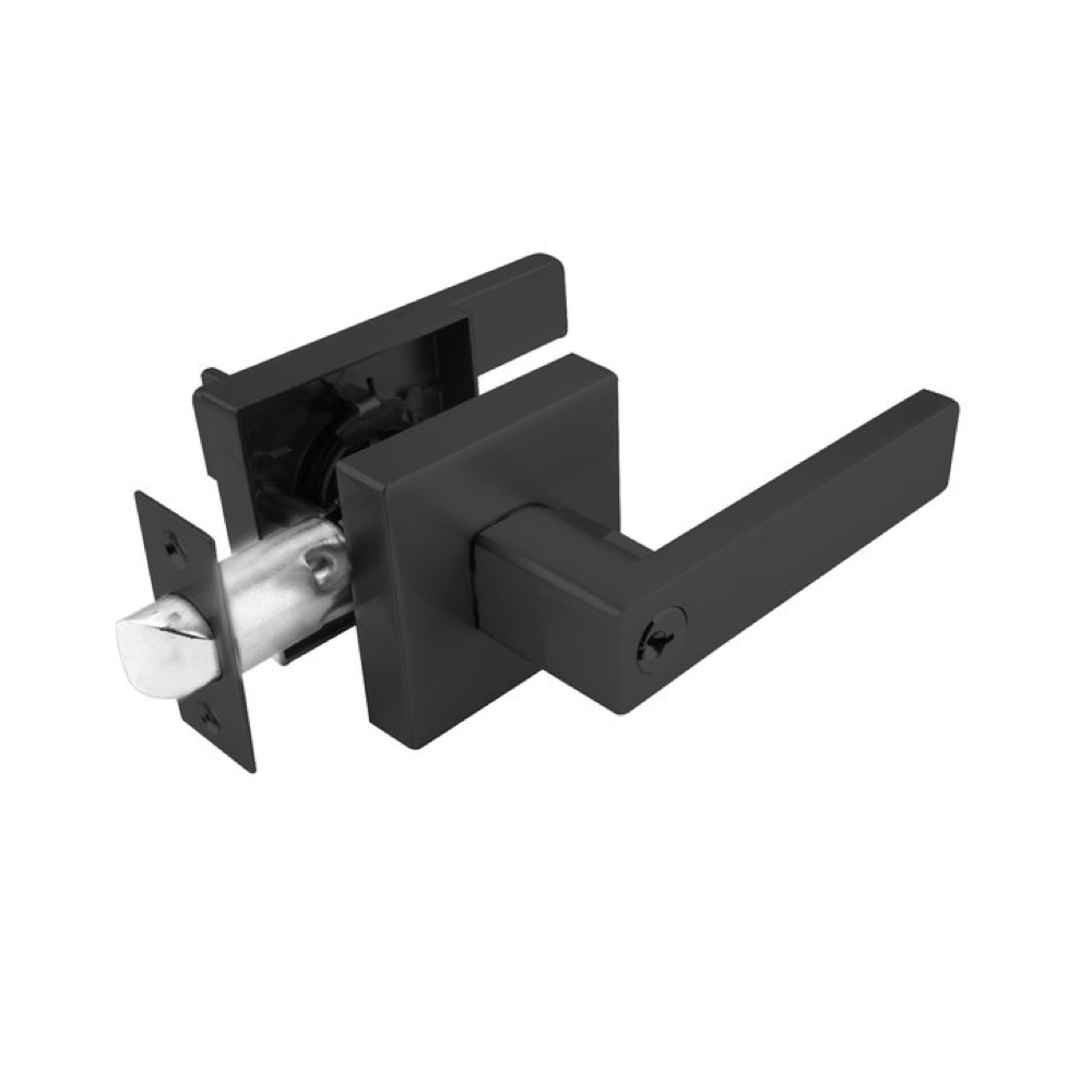 Black Leon door handle with lock and square rosette for entry doors