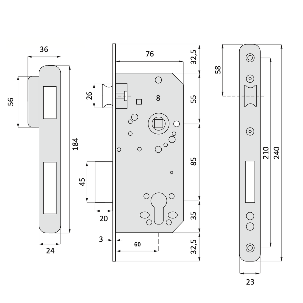 Serrure à encastrer 60mm pour cylindre européen à bouts ronds entraxe 85mm finition noire