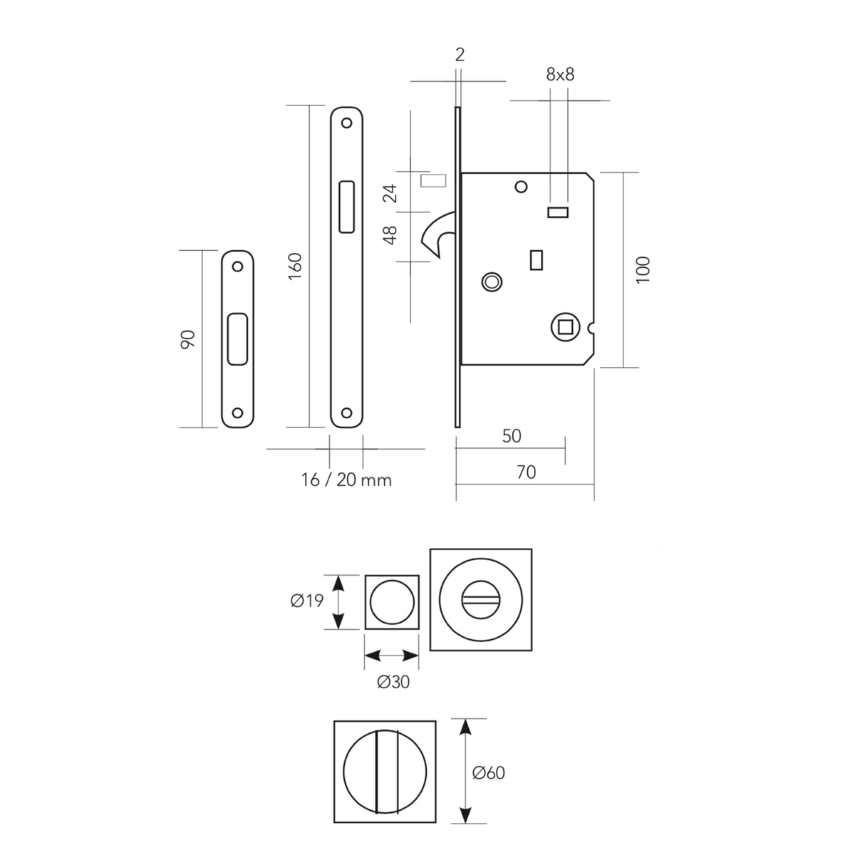 Schiebetür-Set mit Verriegelung und quadratischem Muschelgriff in satiniertem Nickel