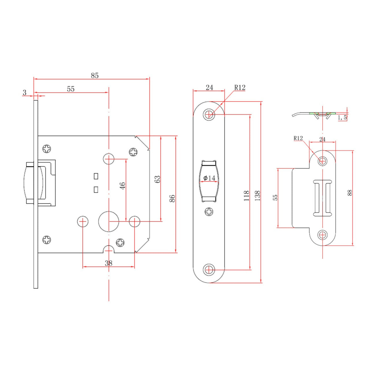 Einsteck-Rollschnapper mit runder Stulp in Nickel-Finish, Dornmaß 55mm