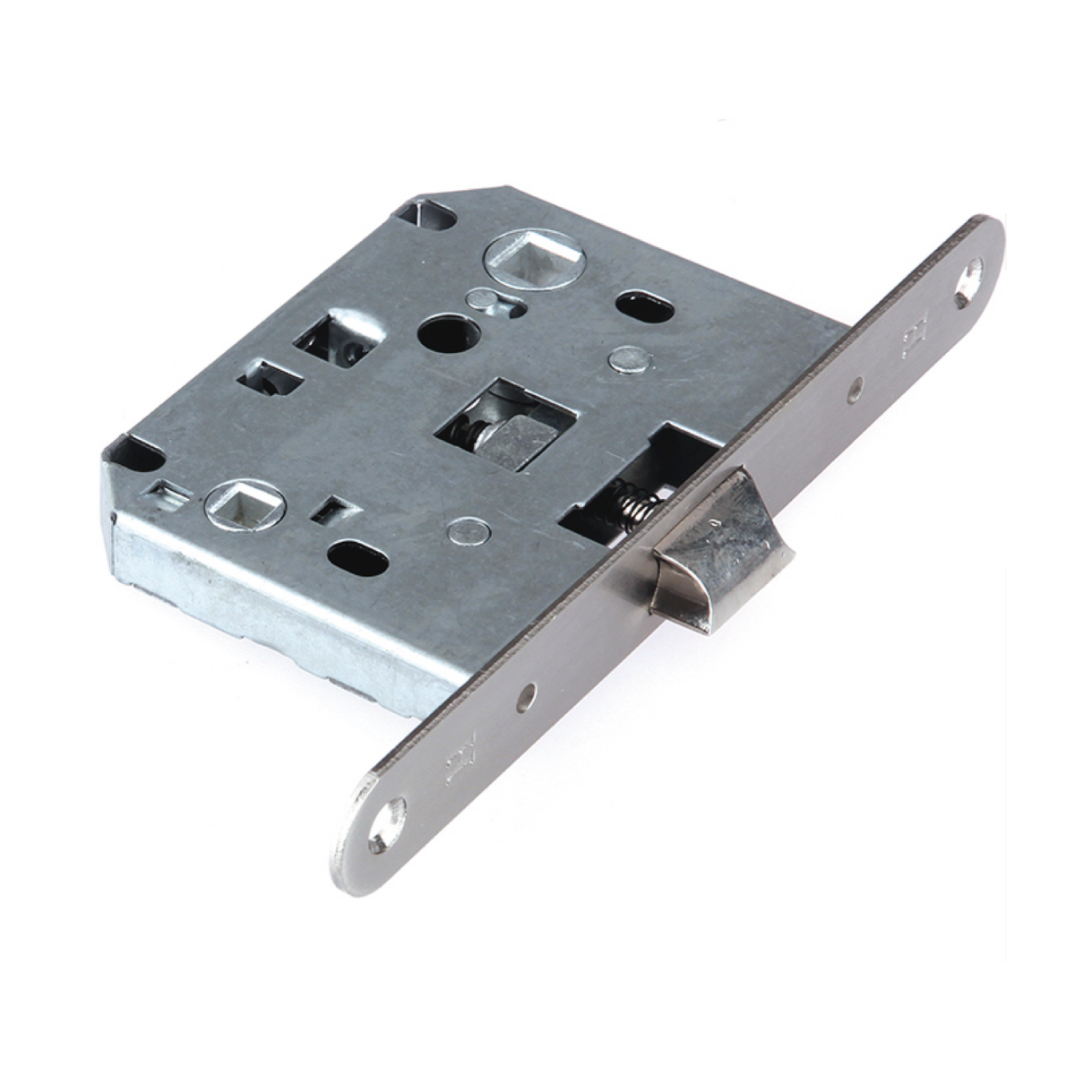 Einsteckfalle mittig mit Verriegelung 70mm, satiniertes Nickel, abgerundete Kante