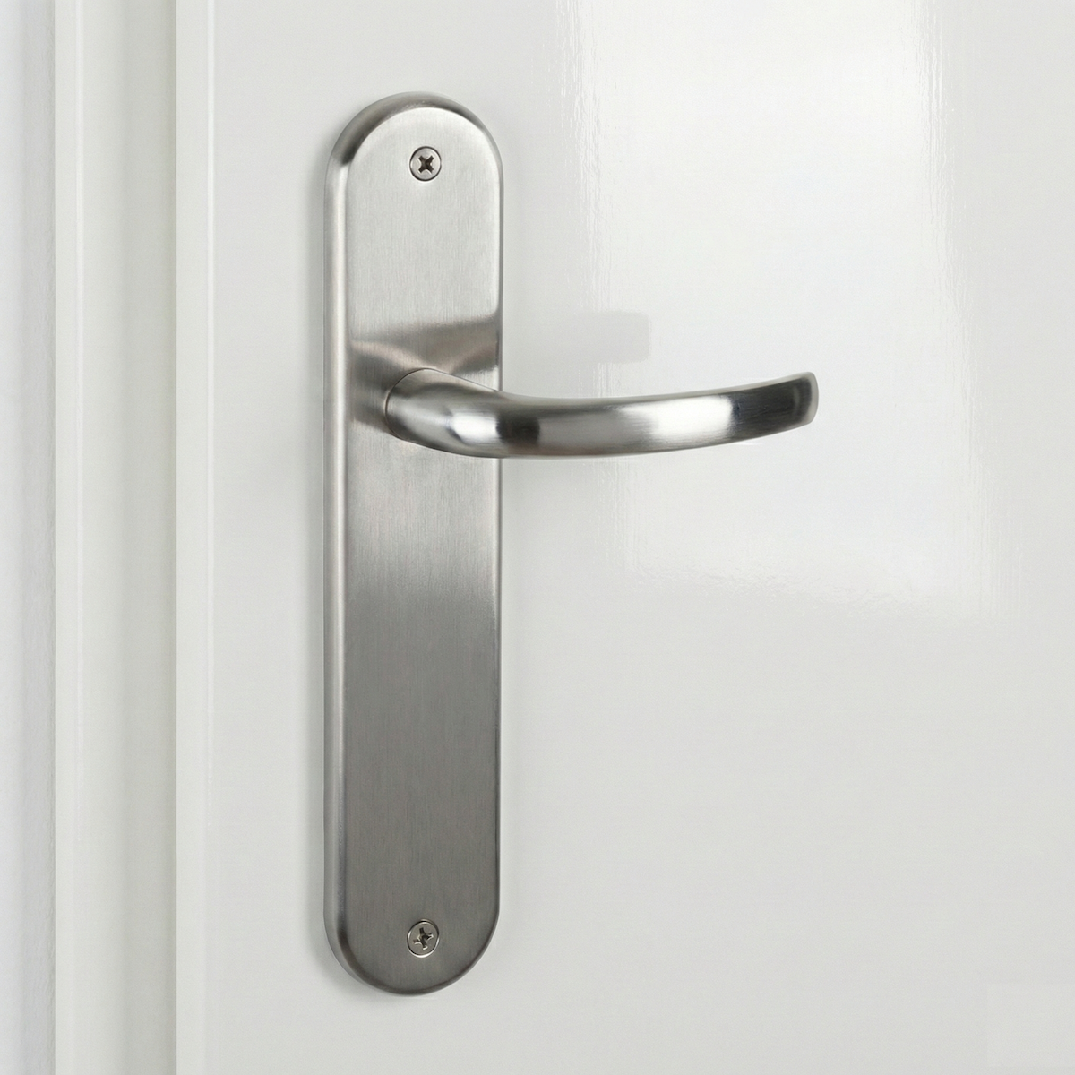 '110' model zamak door handle with oval plate in satin nickel finish