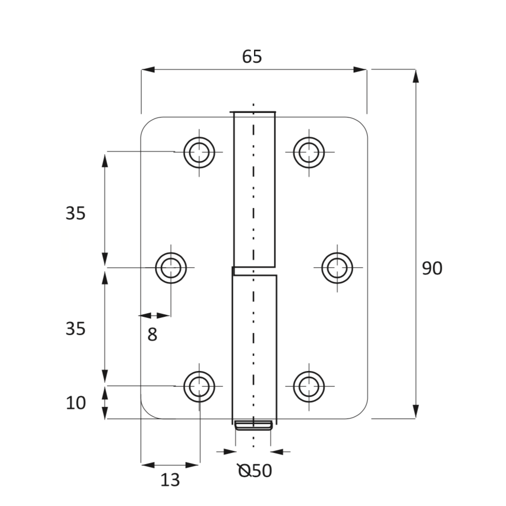 Bisagra pernio de acero inoxidable canto redondo para puertas 90mm x 65mm